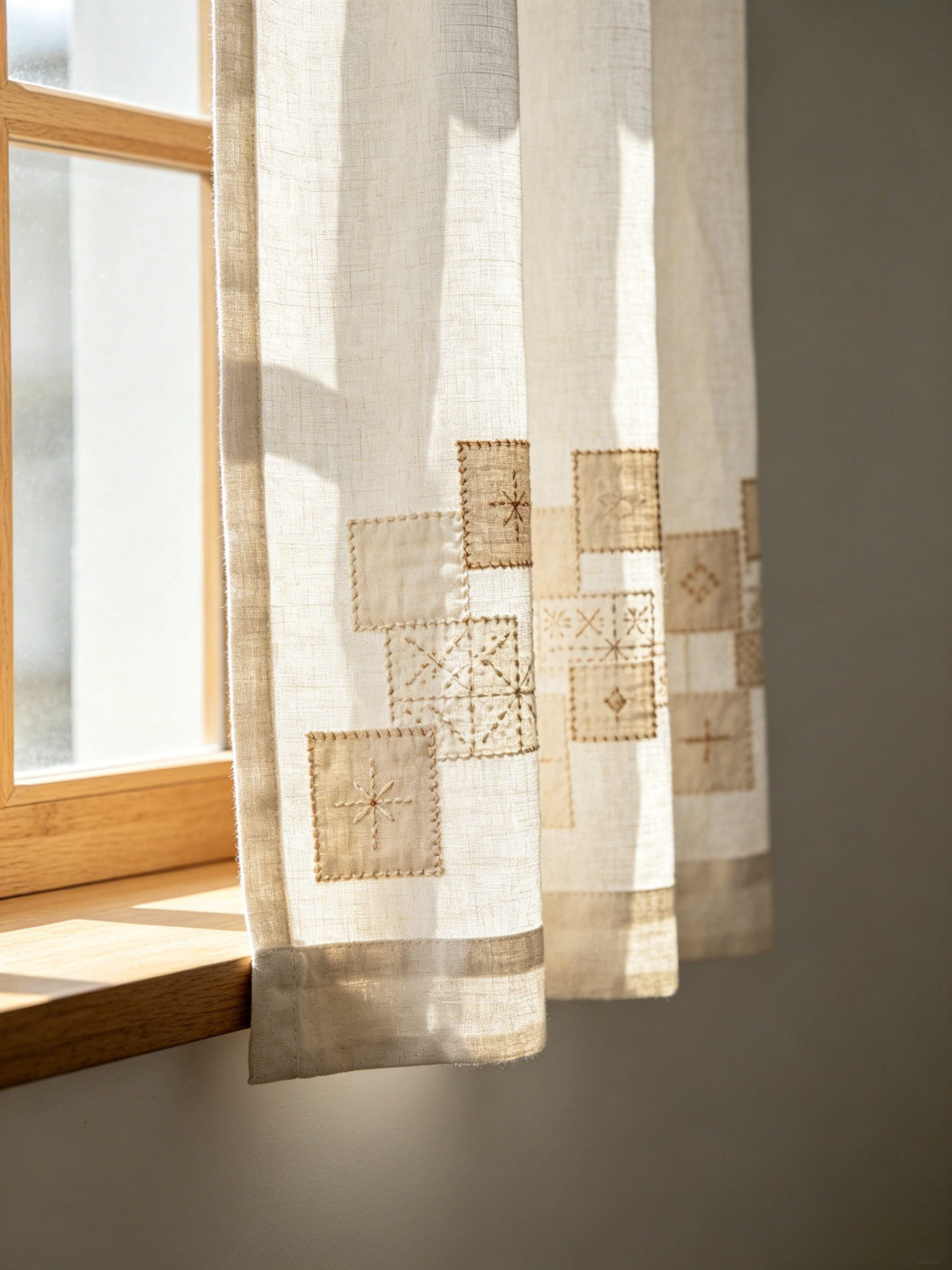 Jigsaw Embroidery Linen Blend Curtain, Single Panel