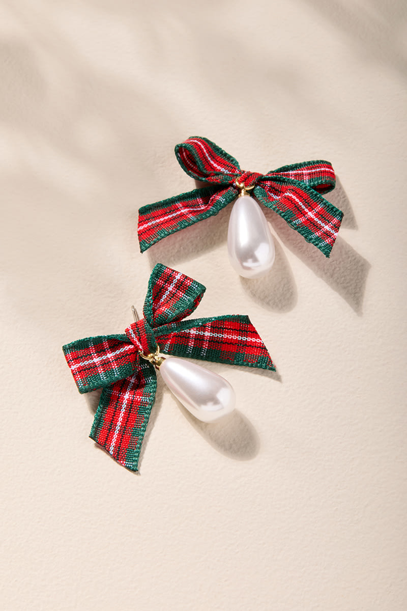 Mia Plaid Bow Pearl Drop Earrings