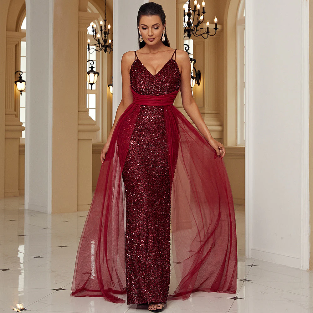 Sleeveless Elegant Long Sequined Lace V neck Backless Cocktail Evening Bridesmaid Dress Maxi