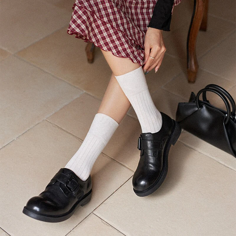 Retro Handmade Horse Leather Monk Strap Shoes for Women with Buckle in Black