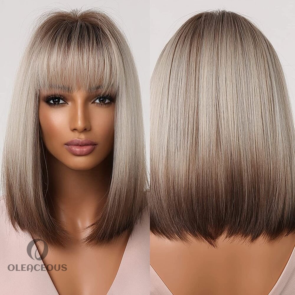 Women Short Brown Blonde Ombre Bob Wigs with Bangs Synthetic Wigs Heat Safe