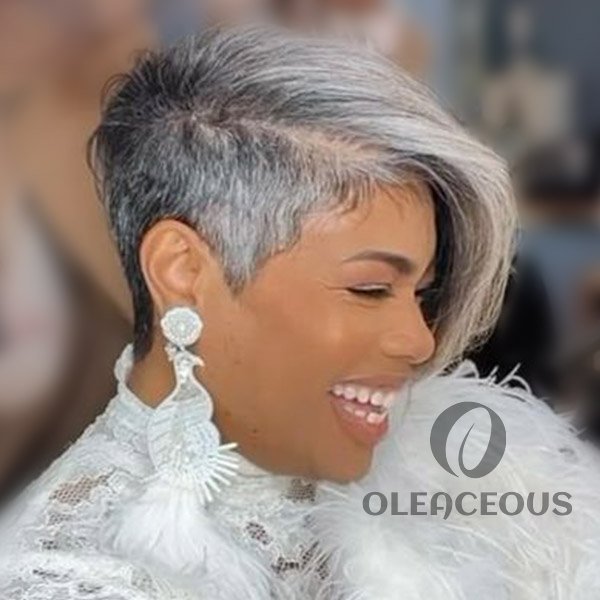 2026 Summer NEW Glueless Short Pixie Cut Salt and Pepper Sliver Grey Wig with bang