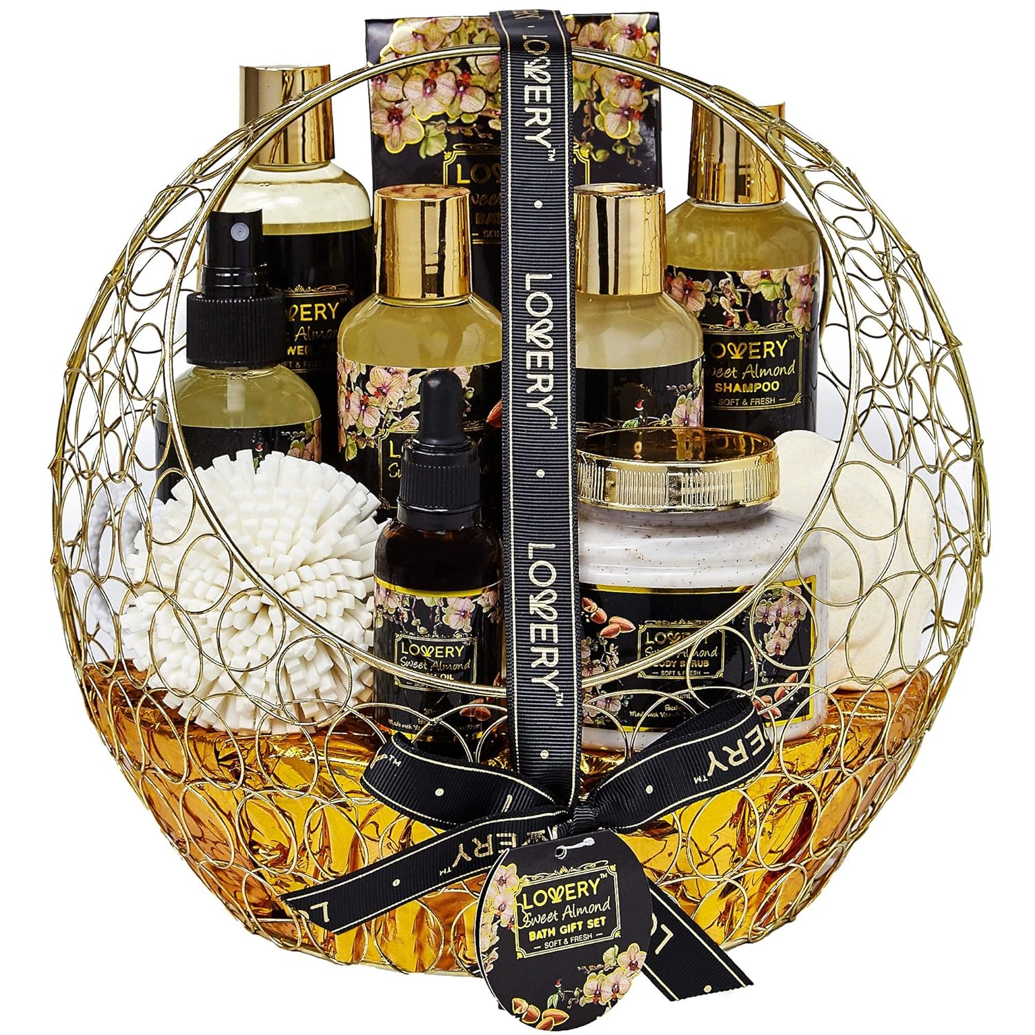 Christmas Gifts from Son, Bath and Body Gift Basket For Women and Men – Sweet Almond Home Spa Set with Fragrant Body Lotions, Bath Bombs, Gold Candy Dish & Much More - 11pc Set, Care Package for Mom