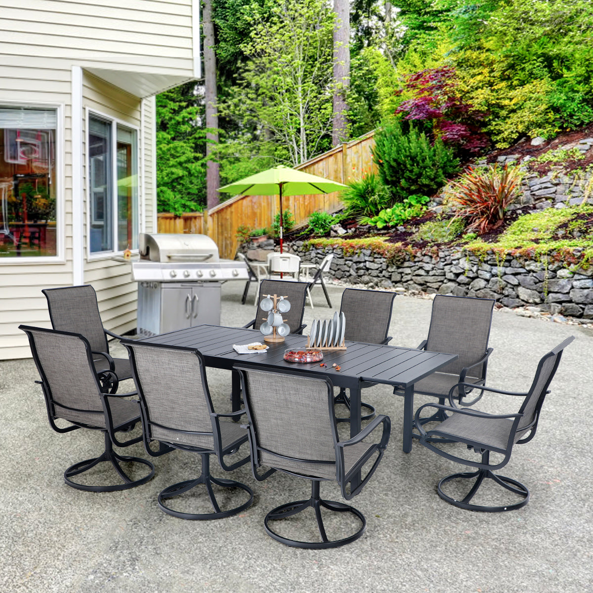 7-Piece/9-Piece Outdoor Dining Set with Textilene Swivel Chairs & Adjustable Table