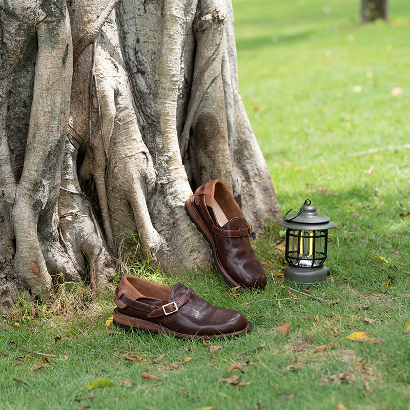 Middle English-Womens Handmade Full Grain Horse Leather Flat Loafers - Black/Coffee