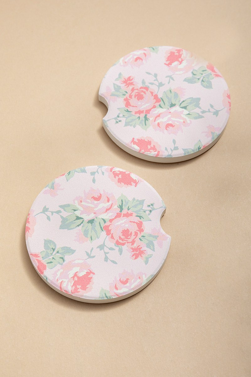 Pink Rose Car Coaster Set