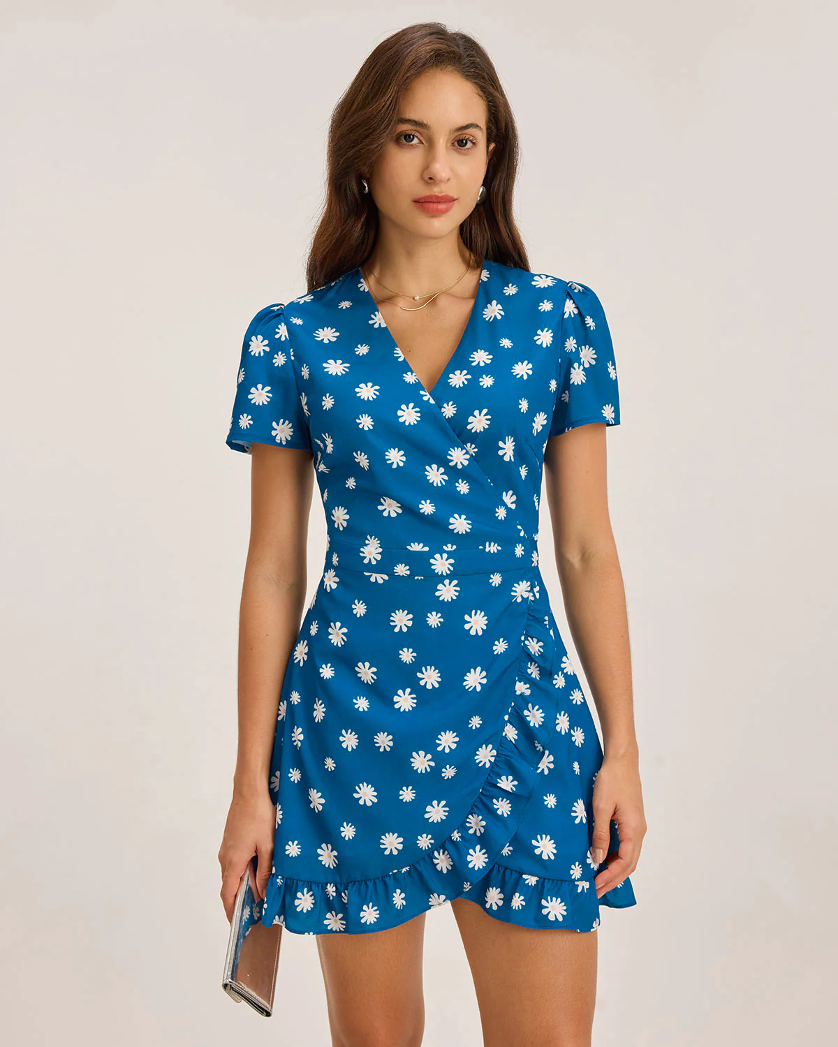 Blue Floral A-Line Wrap Mini Dress