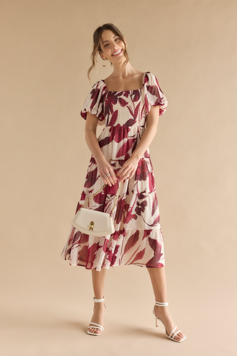 Kristy Puff Sleeve Tiered Midi Dress