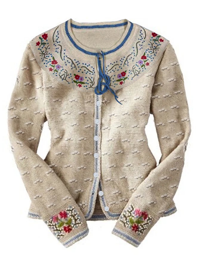 Jacket Bohemian Vintage Embroidery Long Sleeve Cotton-Blend Cardigan Sweater