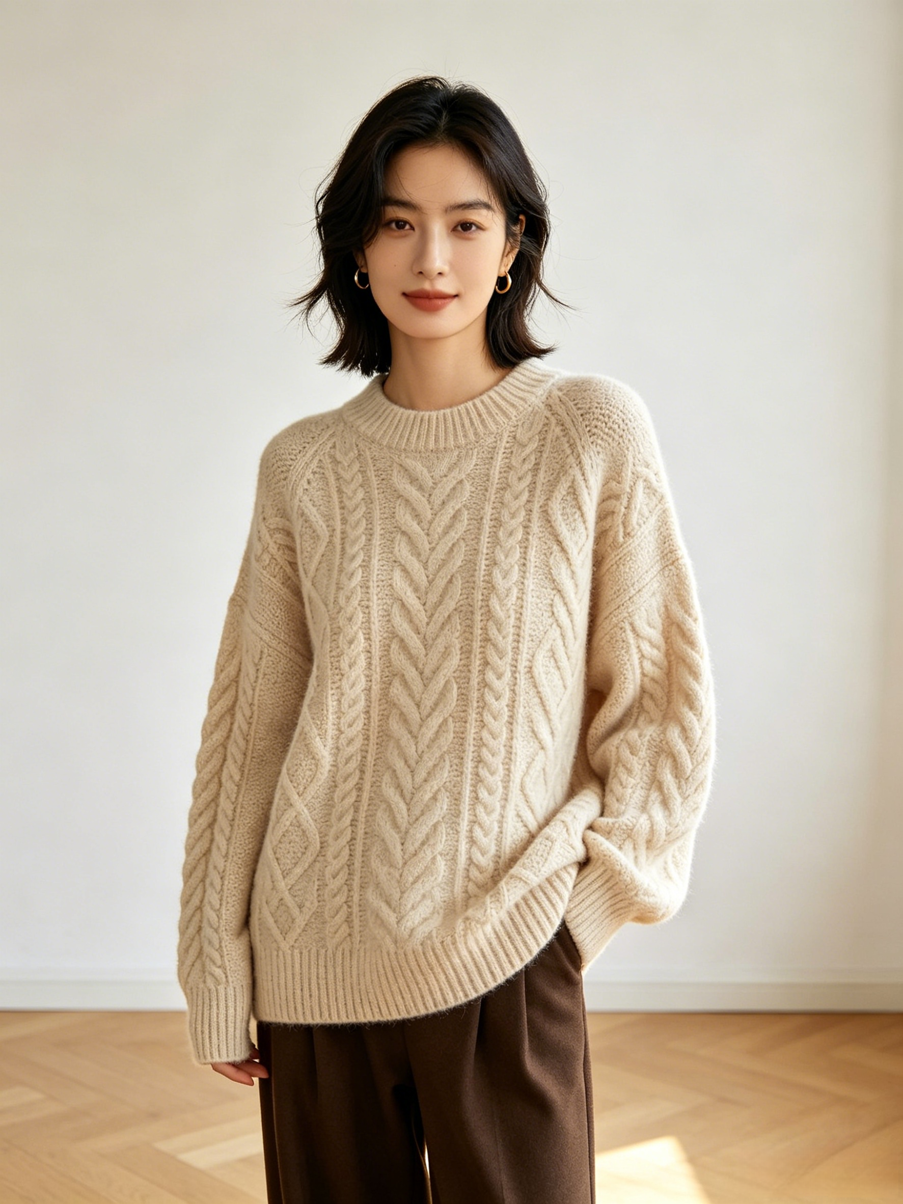 Solid Cable Knit Drop Shoulder Sweater