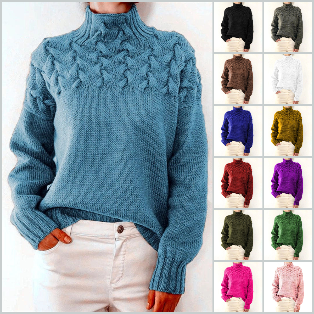 Women's Jumper Turtleneck Cable Knit Braided Fall Winter Pullover Sweater