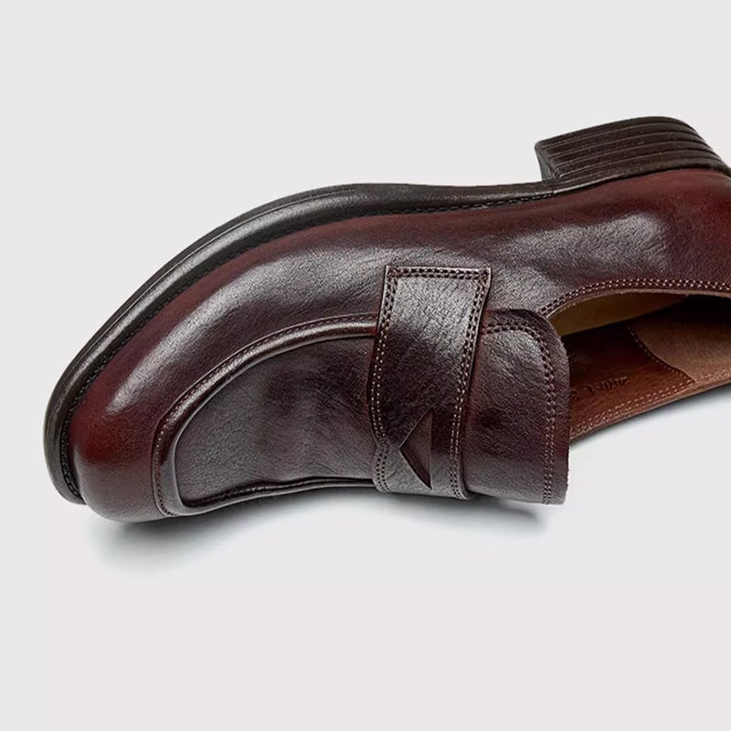 Women's Handmade Vintage Horse Leather Round Toe Slip-On Penny Loafers in Black/Coffee