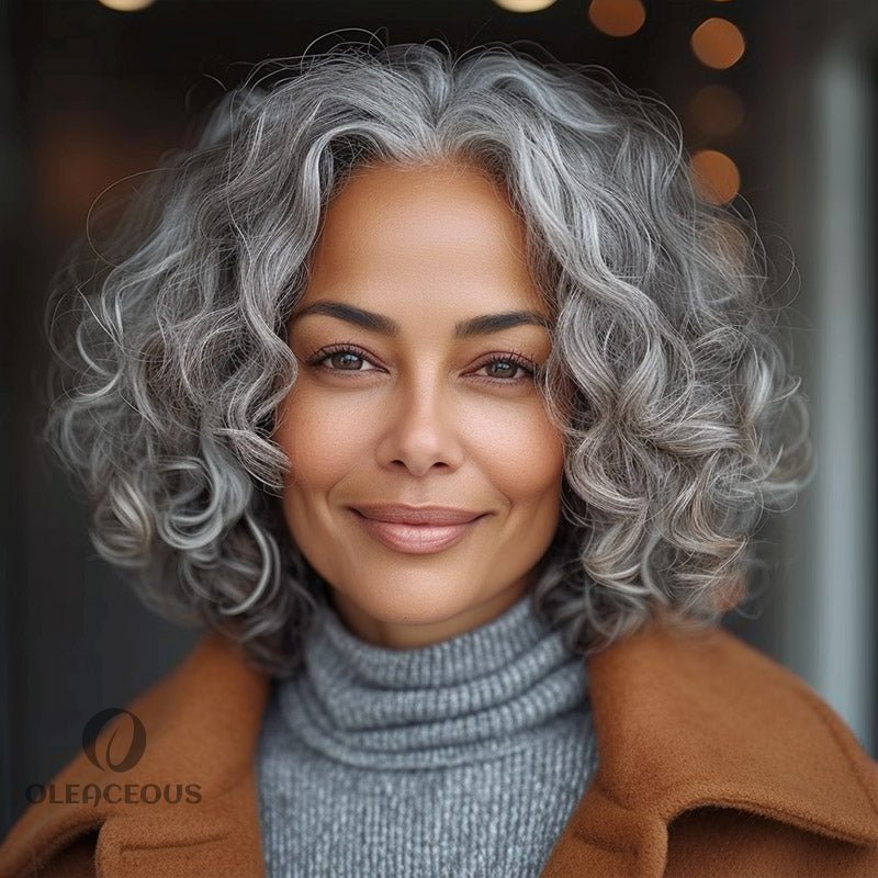 Silver Grey Big Loose Curly Bob Wigs For Seniors Salt & Pepper  Hair 4x4 Lace Wigs For Women Over 60
