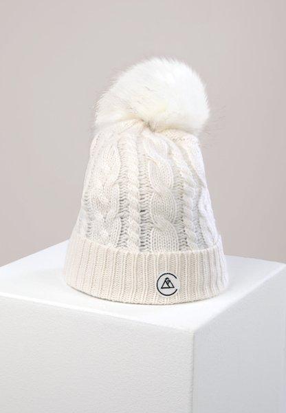 CASH-MERE.CH Kaschmir Mütze mit Zopfmuster und Bommel