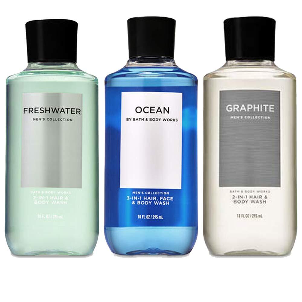 Bath & Body Works 3 Pack 2-in-1 Hair + Body Wash Freshwater, Graphite and Ocean. 10 Oz.