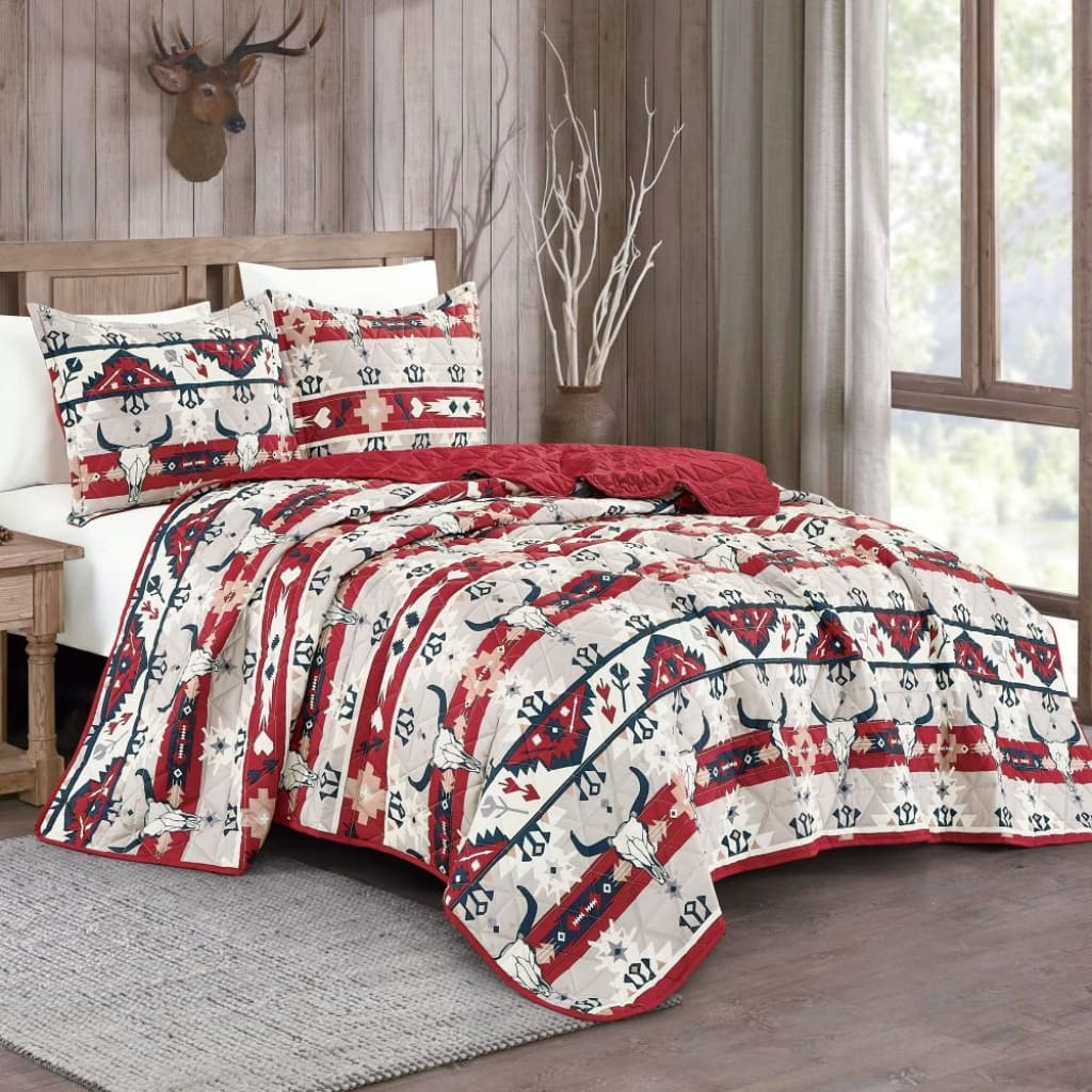 Southwest Cow Horn Skull Quilt Bedding Set - 3 Piece Set