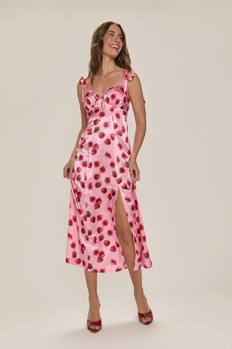 Jillian Strawberry Print Satin Midi Dress