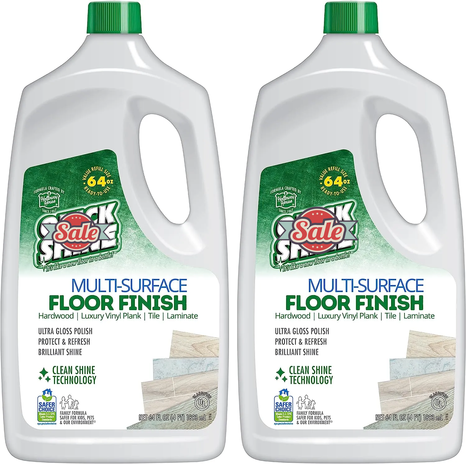 Multi Surface Floor Finish 64oz, 2Pk | Cleaner & Polish to use on Hardwood, Laminate, Luxury Vinyl Plank LVT, Tile & Stone | Safer Choice w/Clean Shine Technology | Shine-Protect-Refresh