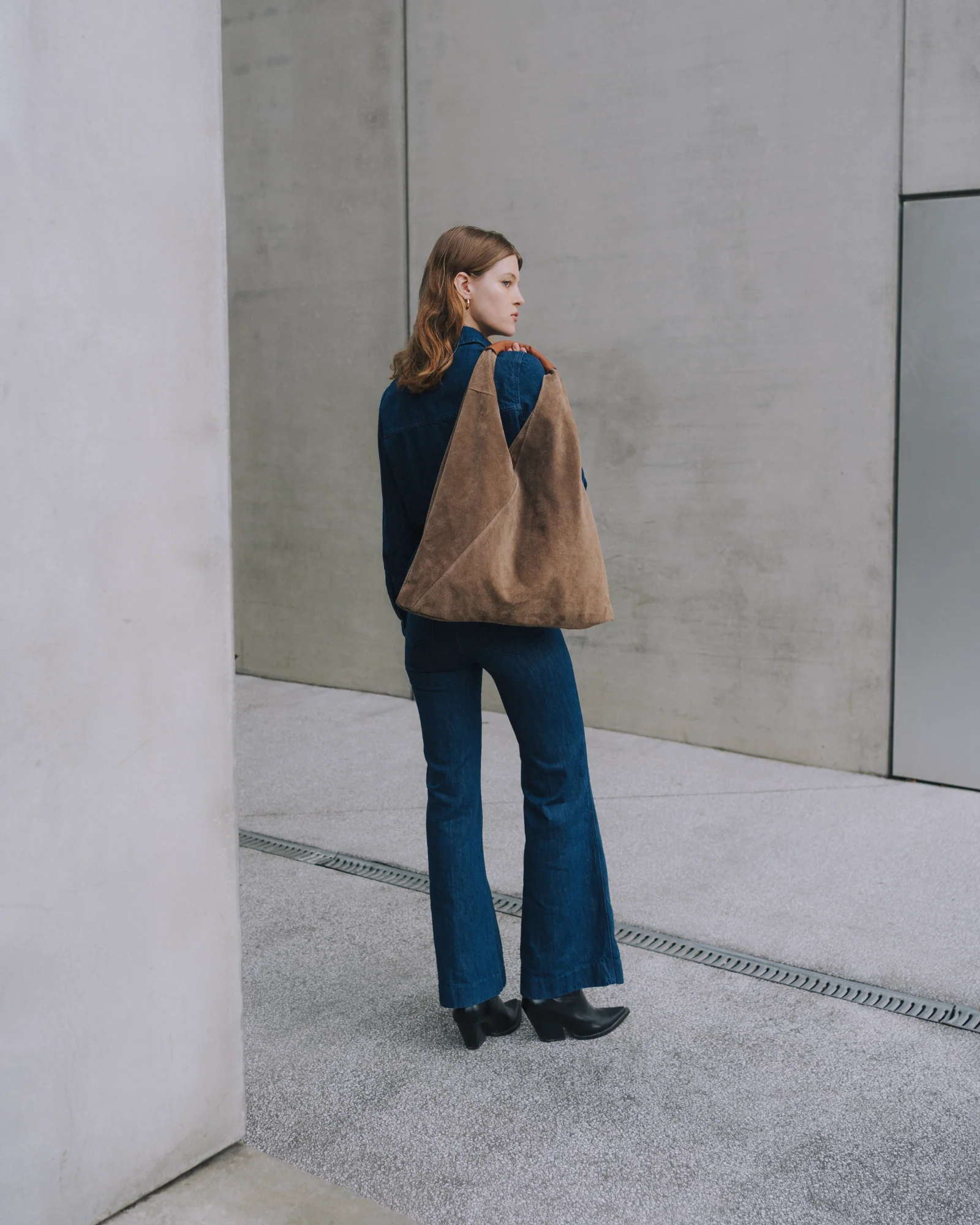 Final inventoryPositano Taupe Suede Triangle Tote Bag