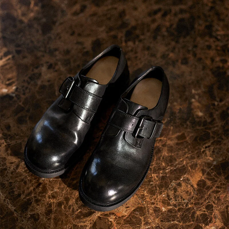 Retro Handmade Horse Leather Monk Strap Shoes for Women with Buckle in Black