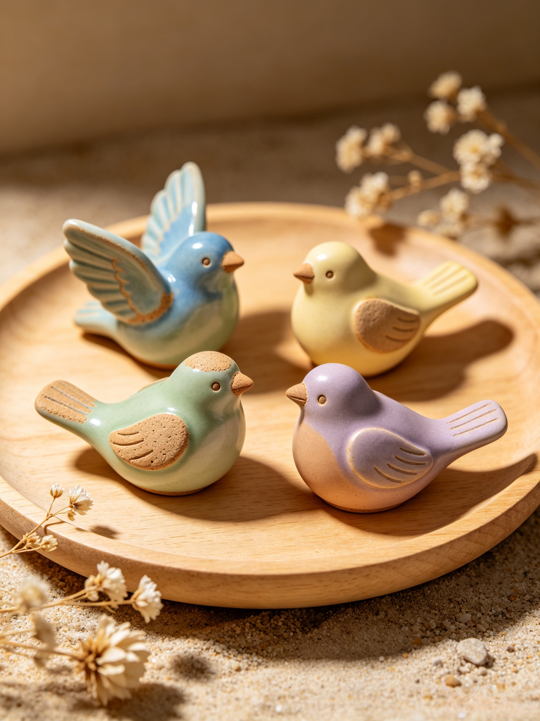 Ceramic Bird Figurines with Unglazed Accents (Set of 4)