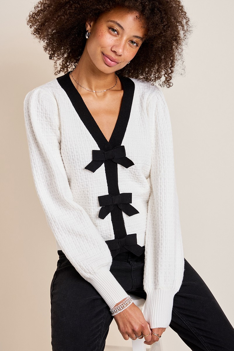 Leah Contrast Bow Cardigan