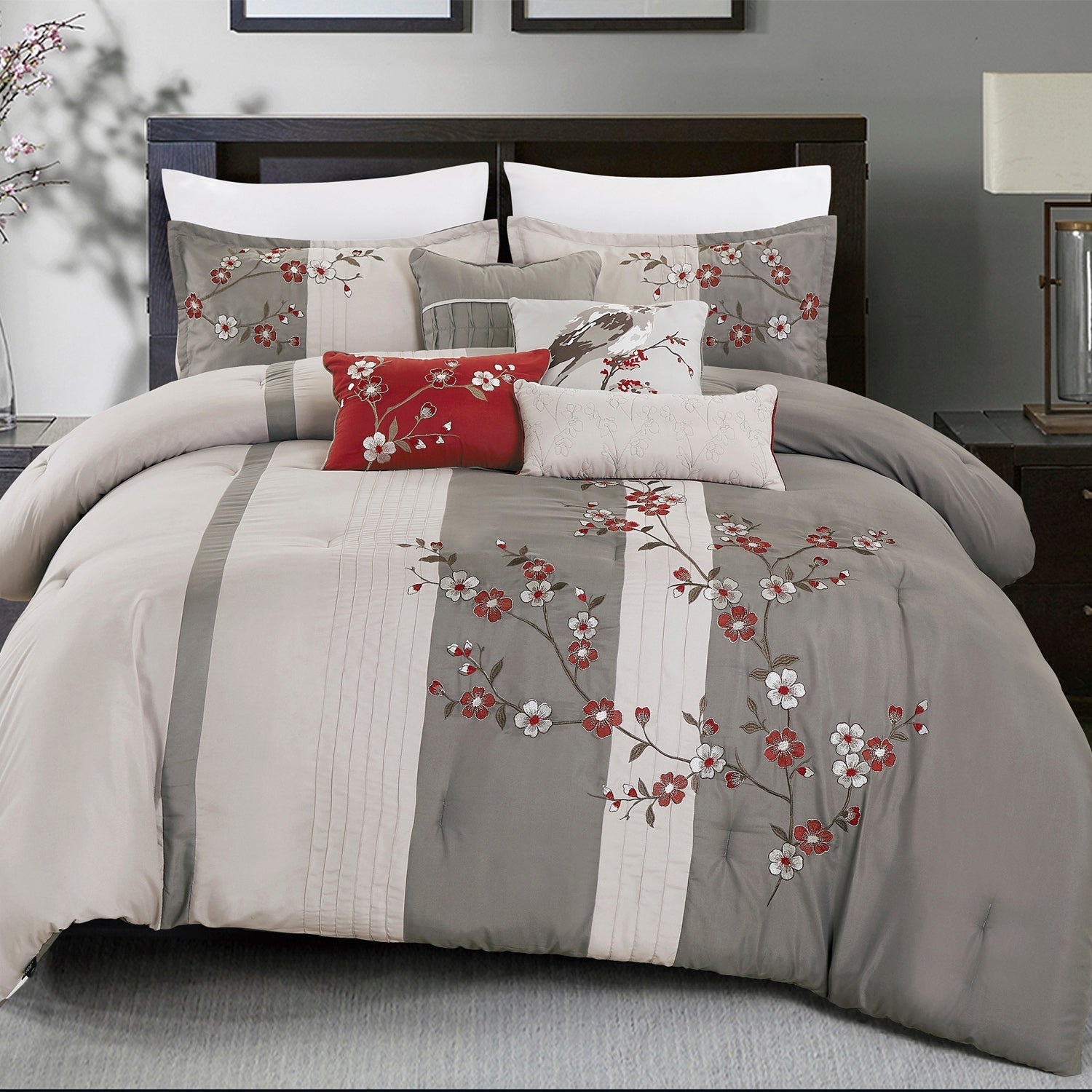 7 Piece Luxurious Plum Blossom Embroidered Comforters Bed in a Bag Queen King Bedding Set
