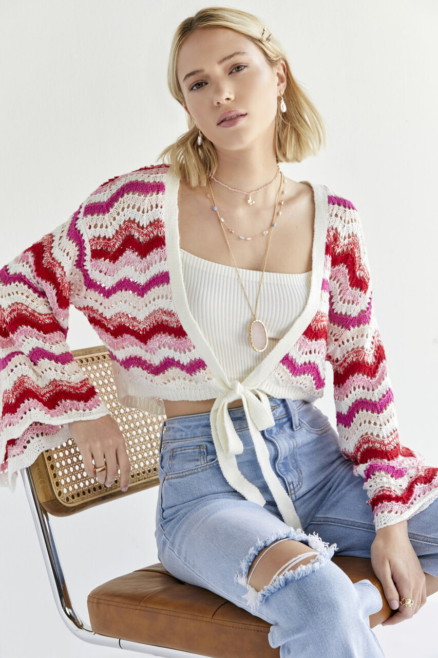 Tracy Chevron Crochet Front Tie Cardigan