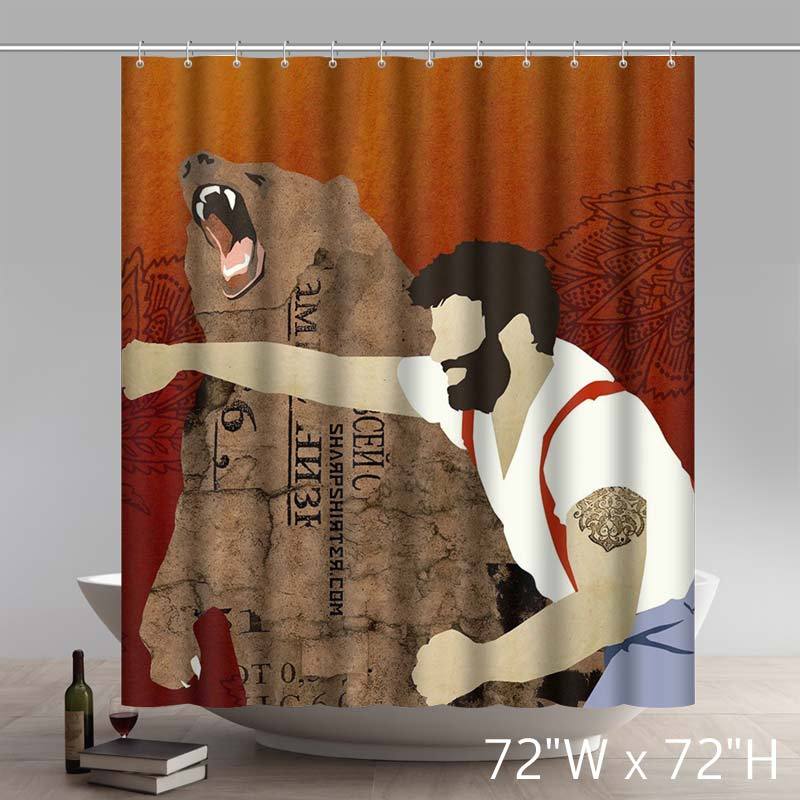 Funny Print Lumberjack Punching Bear Russian Art Shower Curtains