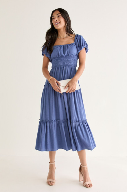 Emma Puff Sleeve Tiered Midi Dress Blue