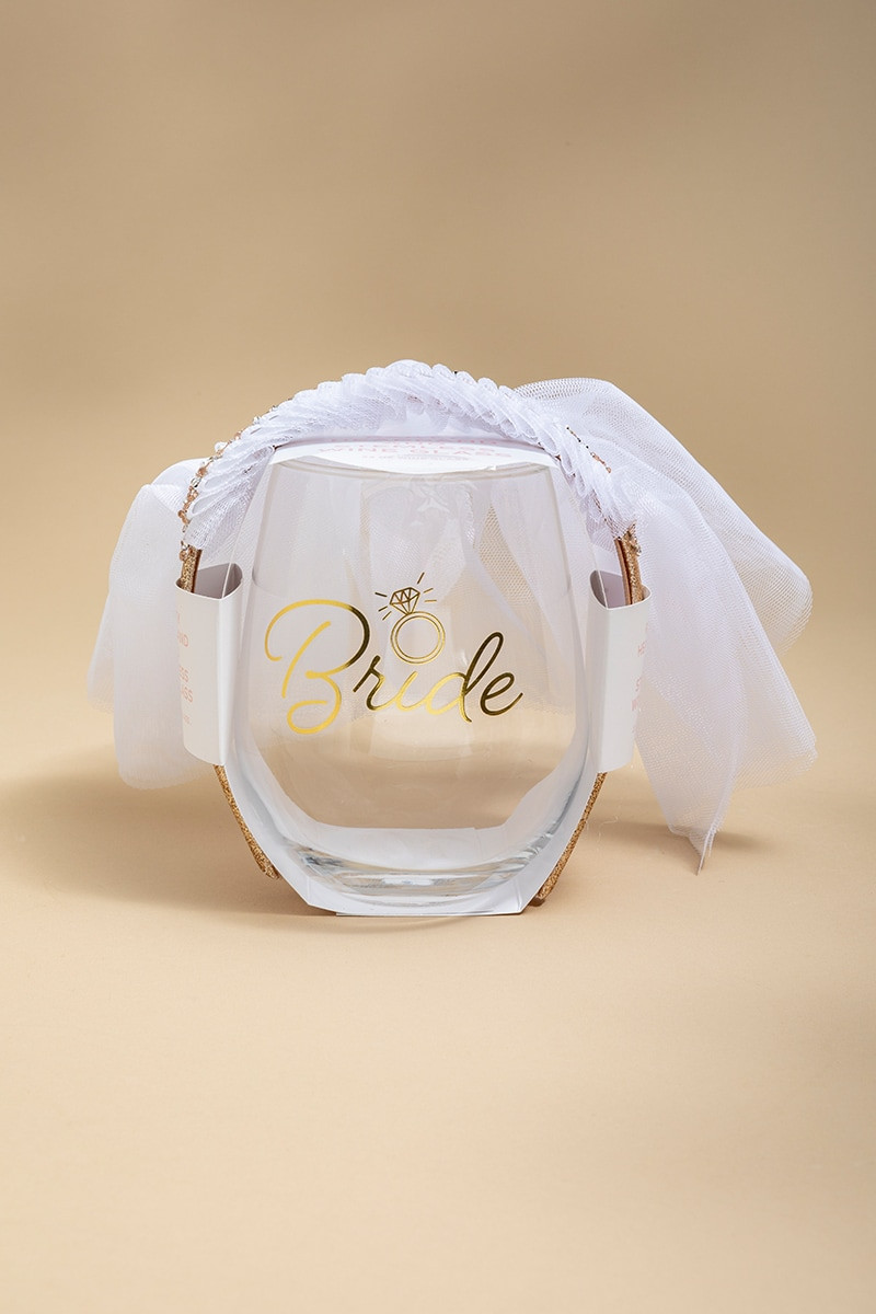 Bride Stemless Wine Glass and Veil Headband