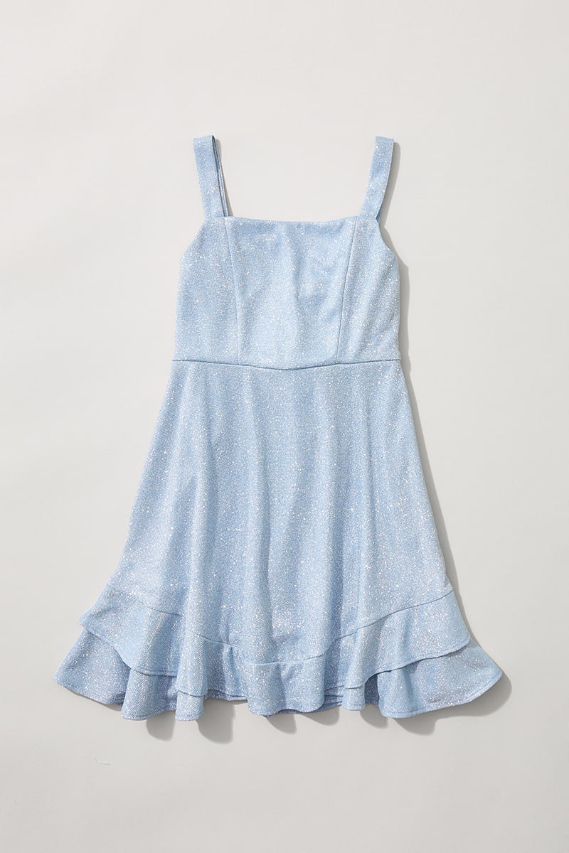 Hello Franki Sleeveless Blue Shimmer Bow Back Dress for girls