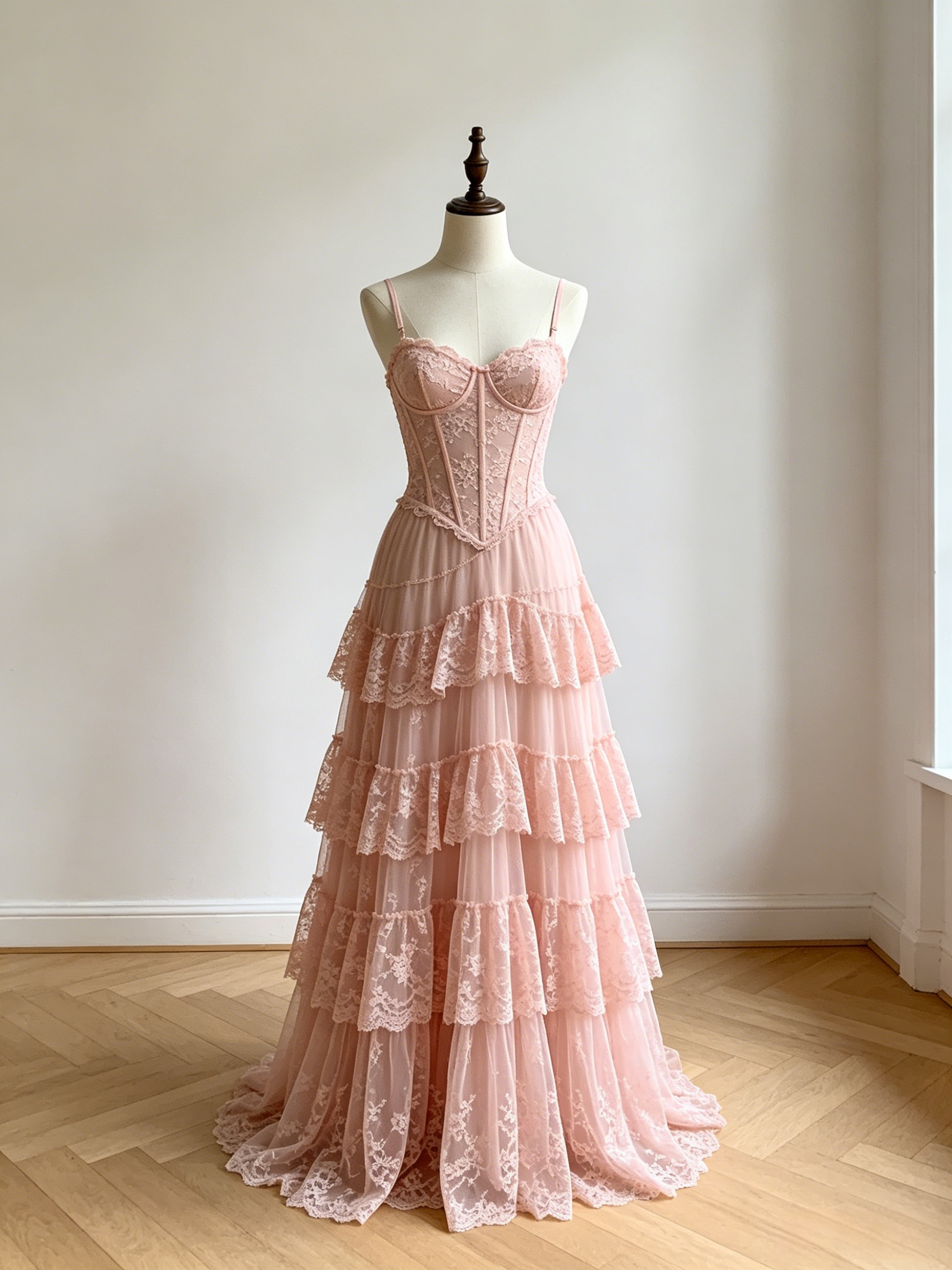 Pink Lace Corset Tiered Maxi Dress