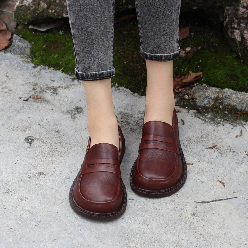 Wide Fit Big Toe Full Grain Leather Penny Loafers Handmade Uniform Shoes in Black/Coffee