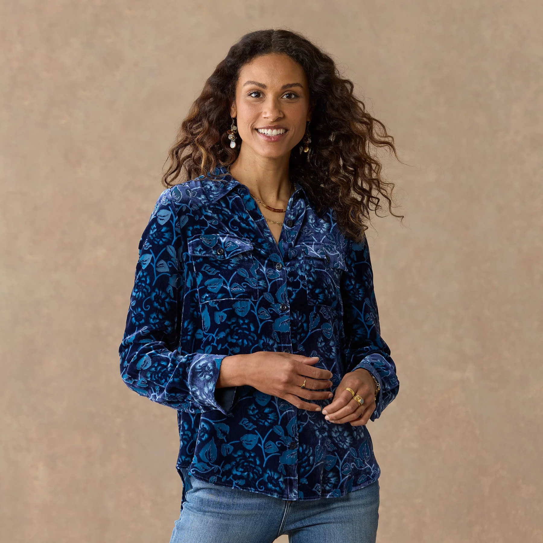 Floral Juliana Velvet Shirt, Petite