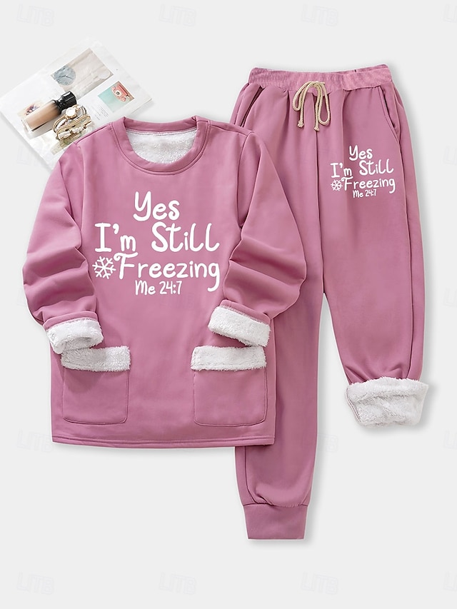Women's Fleece Lined Sweatsuits Top and Pant Letter Warm Comfort Soft Home Daily Bed Fleece Warm Breathable Crew Neck Long Sleeve Pullover Pant Elastic Waist Fall Winter