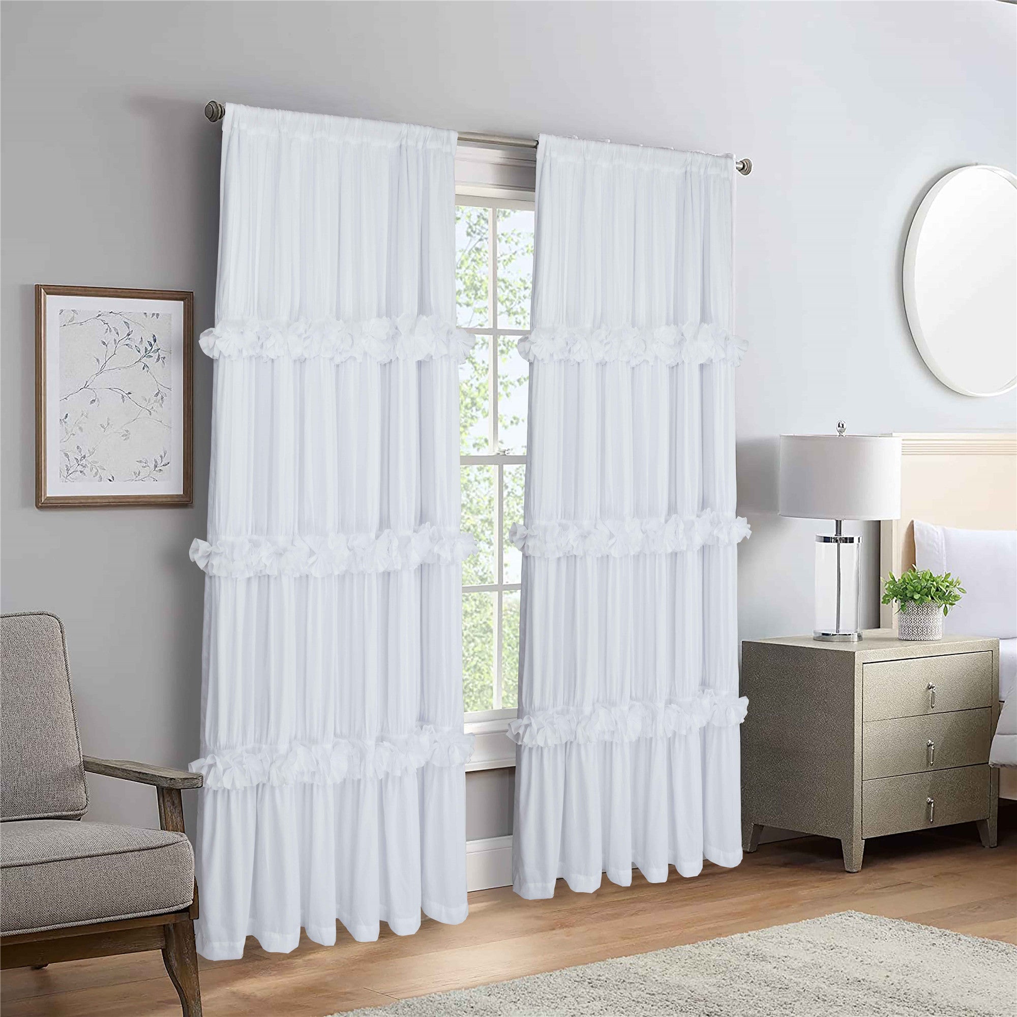 HIG Farmhouse Ruffle Window Curtains with Blackout Liner Handmade Bow Ties Drapes 2 Panels Set, 54