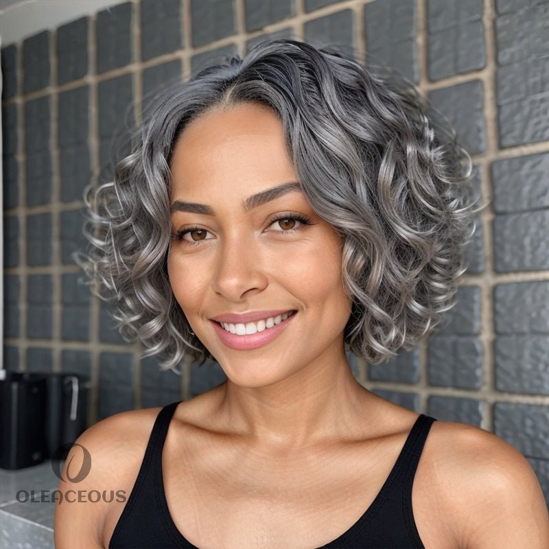 Salt & Pepper Water Wave Glueless 5x5 Closure Lace Bob Wig