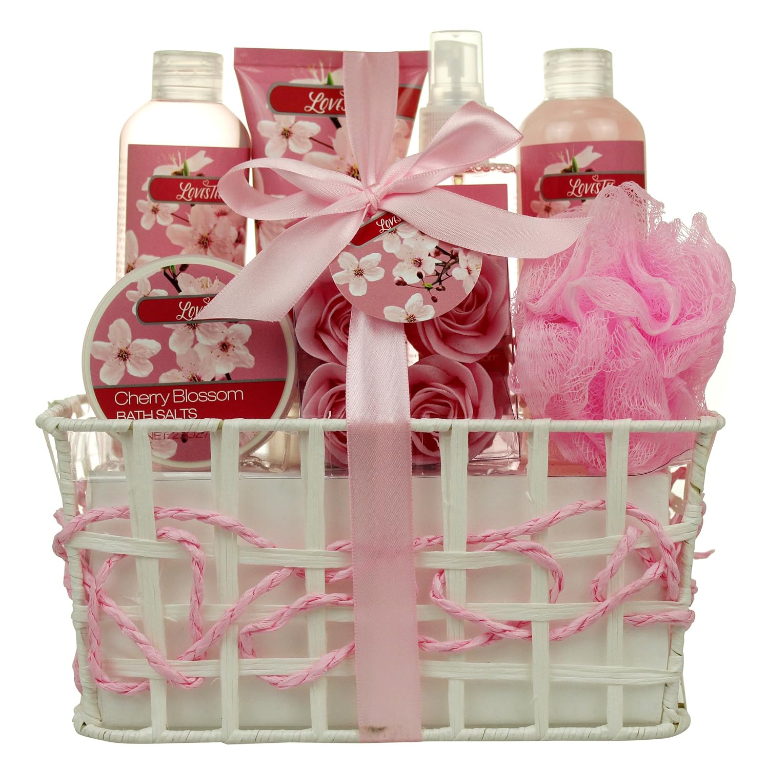 Christmas Spa Bath and Body - Spa Gift Baskets for Women & Girls, Cherry Fragrance, Spa Birthday Gift Includes Loofah Sponge, Bath Salt, Body Lotion, Soap Rose, Body Mist, Shower Gel Bubble Bath