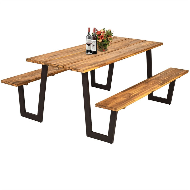 70” Acacia Wood Outdoor Dining Table Set Picnic Table Bench Set with Umbrella Hole