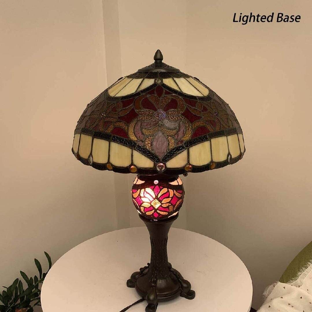L10802 Baroque Tiffany Style Stained Glass Table Lamp Lighted Base 25 Inches Tall, Red