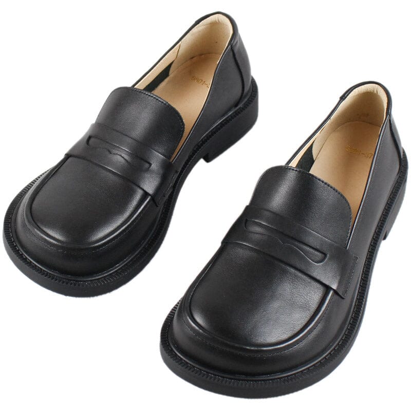 Wide Fit Big Toe Full Grain Leather Penny Loafers Handmade Uniform Shoes in Black/Coffee