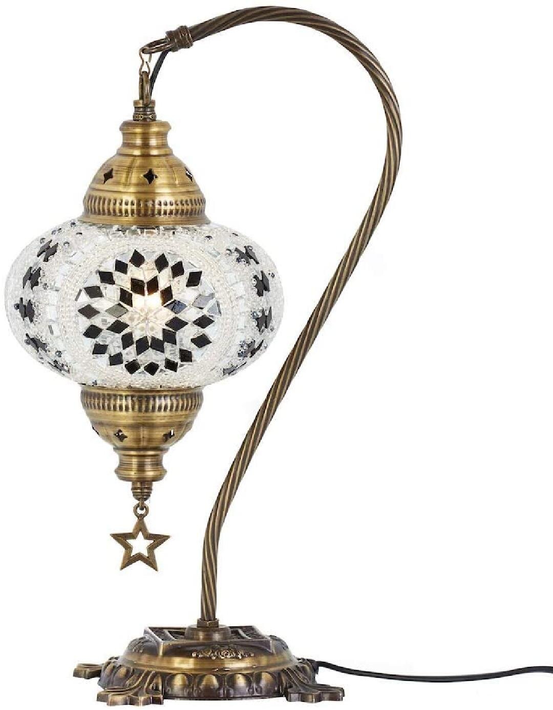 Turkish Moroccan Mosaic Table Lamp With US Plug & Socket, Swan Neck Handmade Desk Bedside Table Night Lamp Decorative Tiffany Lamp Light, Antique