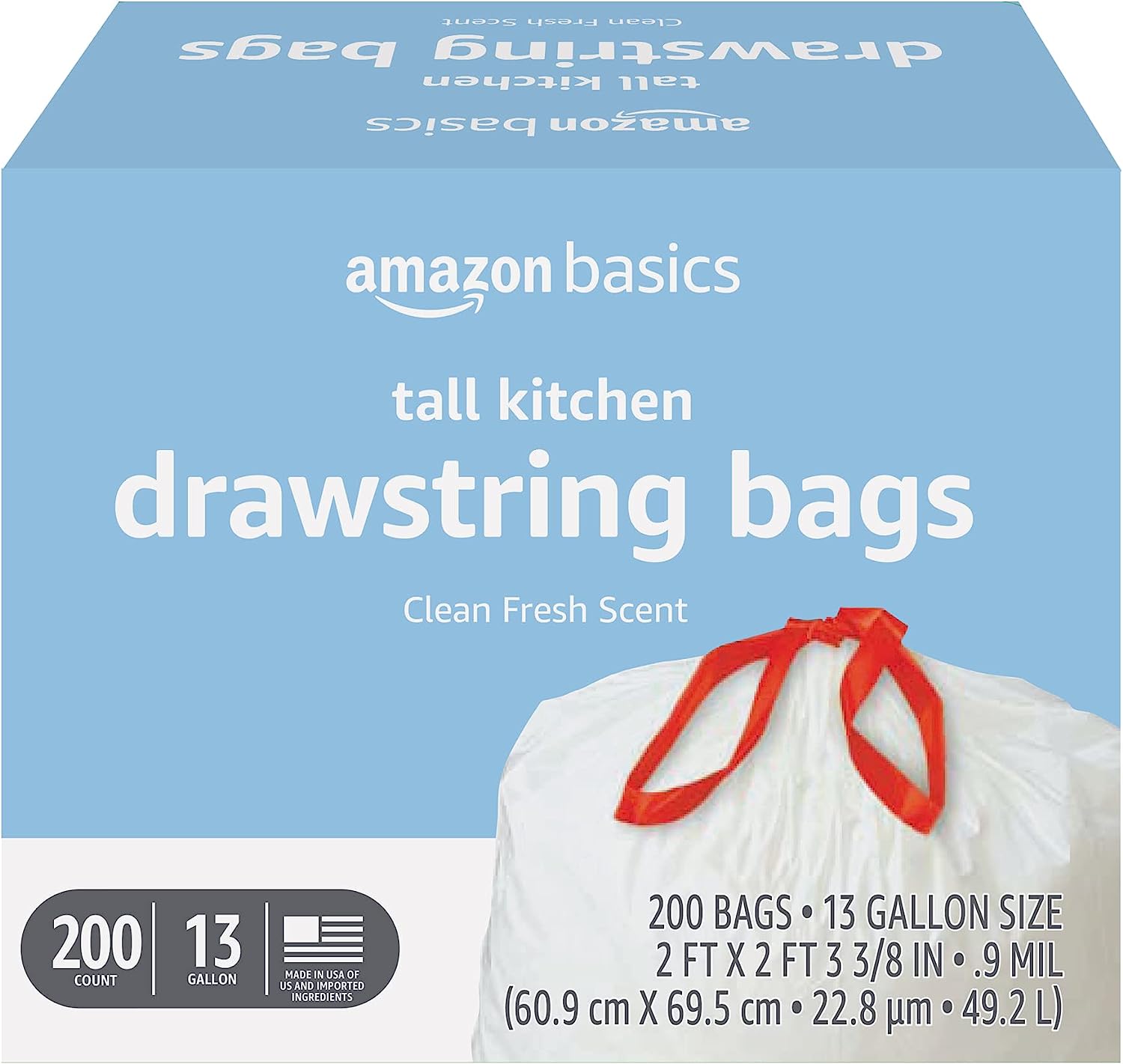 Amazon Basics Tall Kitchen Drawstring Trash Bags, 13 Gallon, Unscented, 120 Count (Previously Solimo)