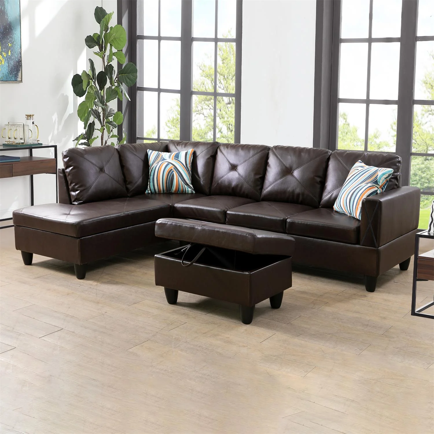 Ainehome Brown L-Shaped Faux Leather Sofa Set