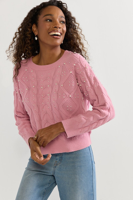 Beverly Pearl Embellished Cable Pullover Sweater Pink