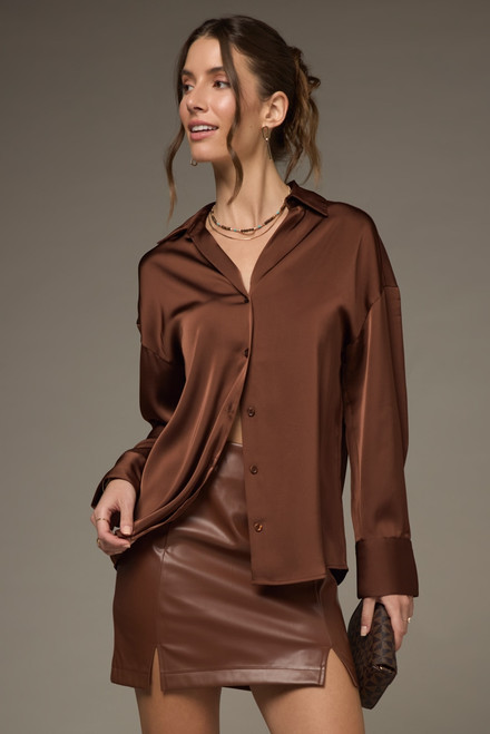 Nora Drop Shoulder Satin Button Down Shirt Brown