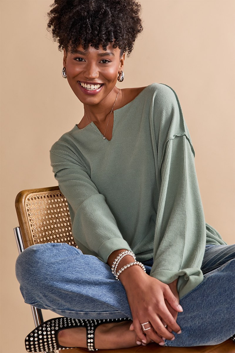 Claire Slouchy Fit Notch Neck Long Sleeve Top Sage Green