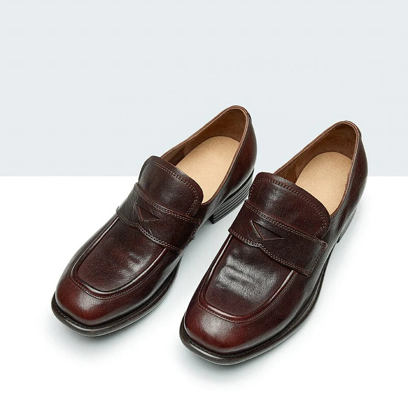 Women's Handmade Vintage Horse Leather Round Toe Slip-On Penny Loafers in Black/Coffee