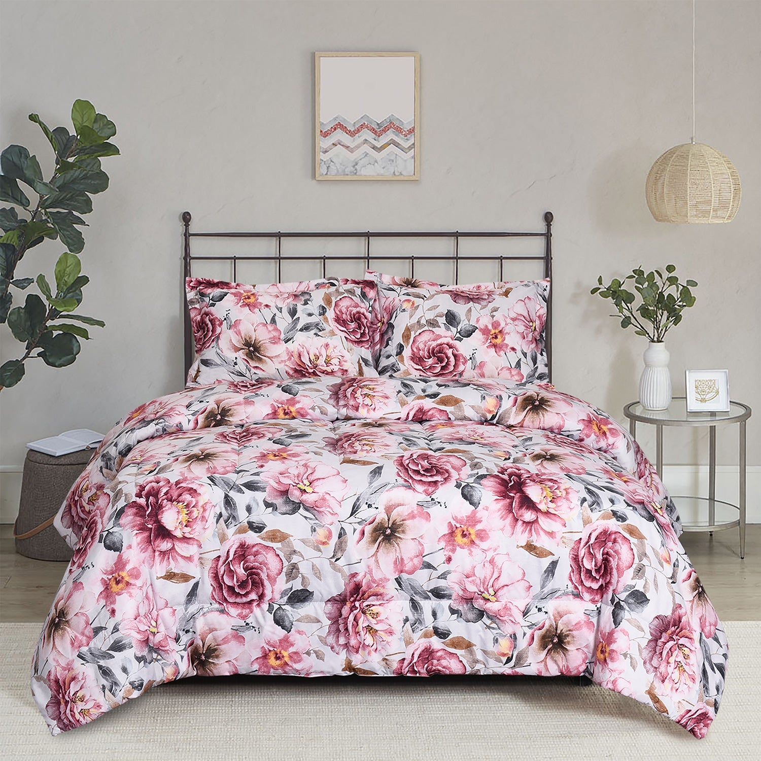 HIG 3 Pieces Botanical Floral Printed Comforter Set with Peony Flowers and Leaves, King
